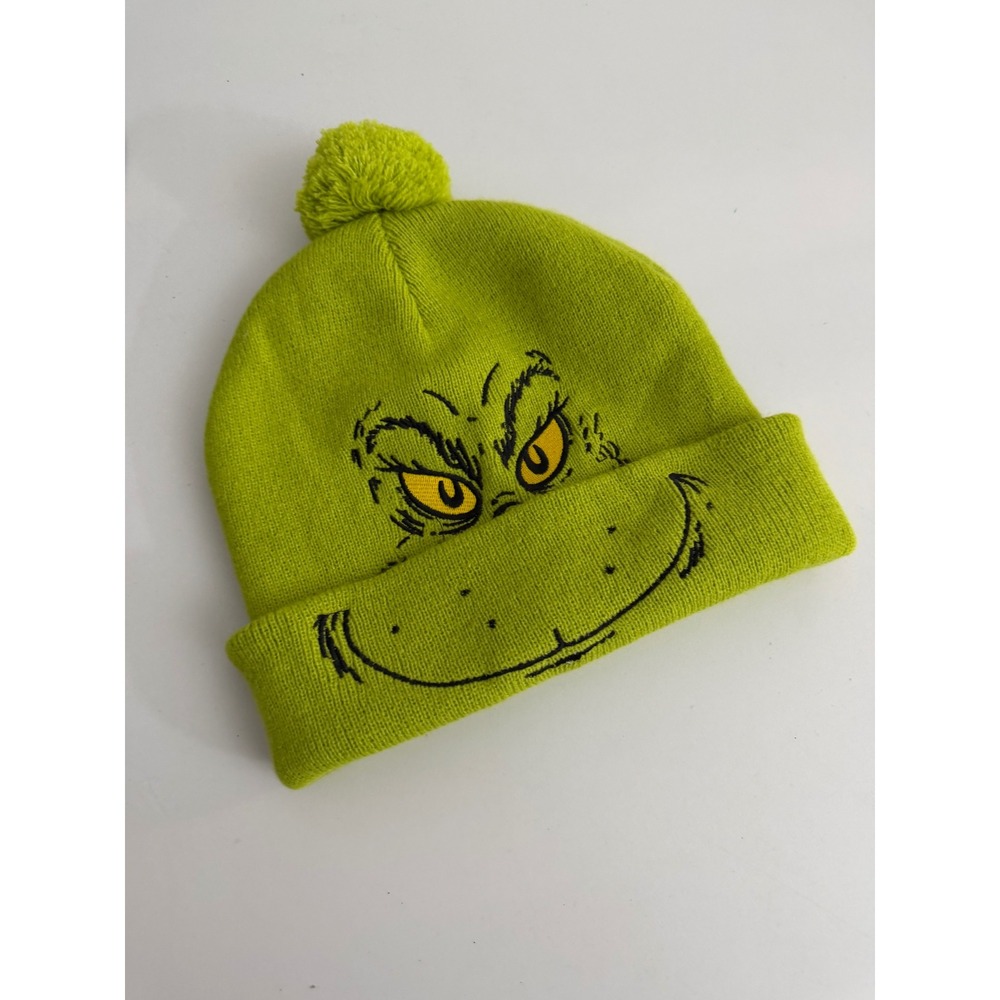 Dr. Seuss The Grinch Lime Green Knit Beanie Pom Pom Winter Hat Embroidered Face